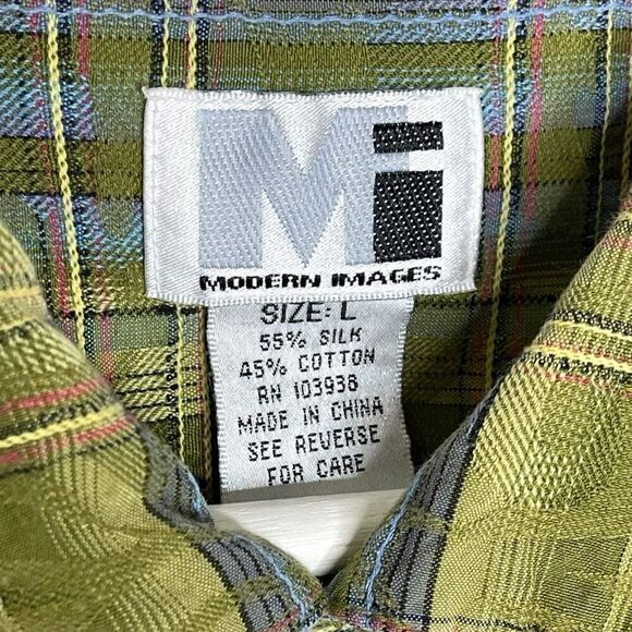 MI Modern Images Green Plaid Silk Blend Short Sleeve Button Up Men’s Size Large - Picture 7 of 9